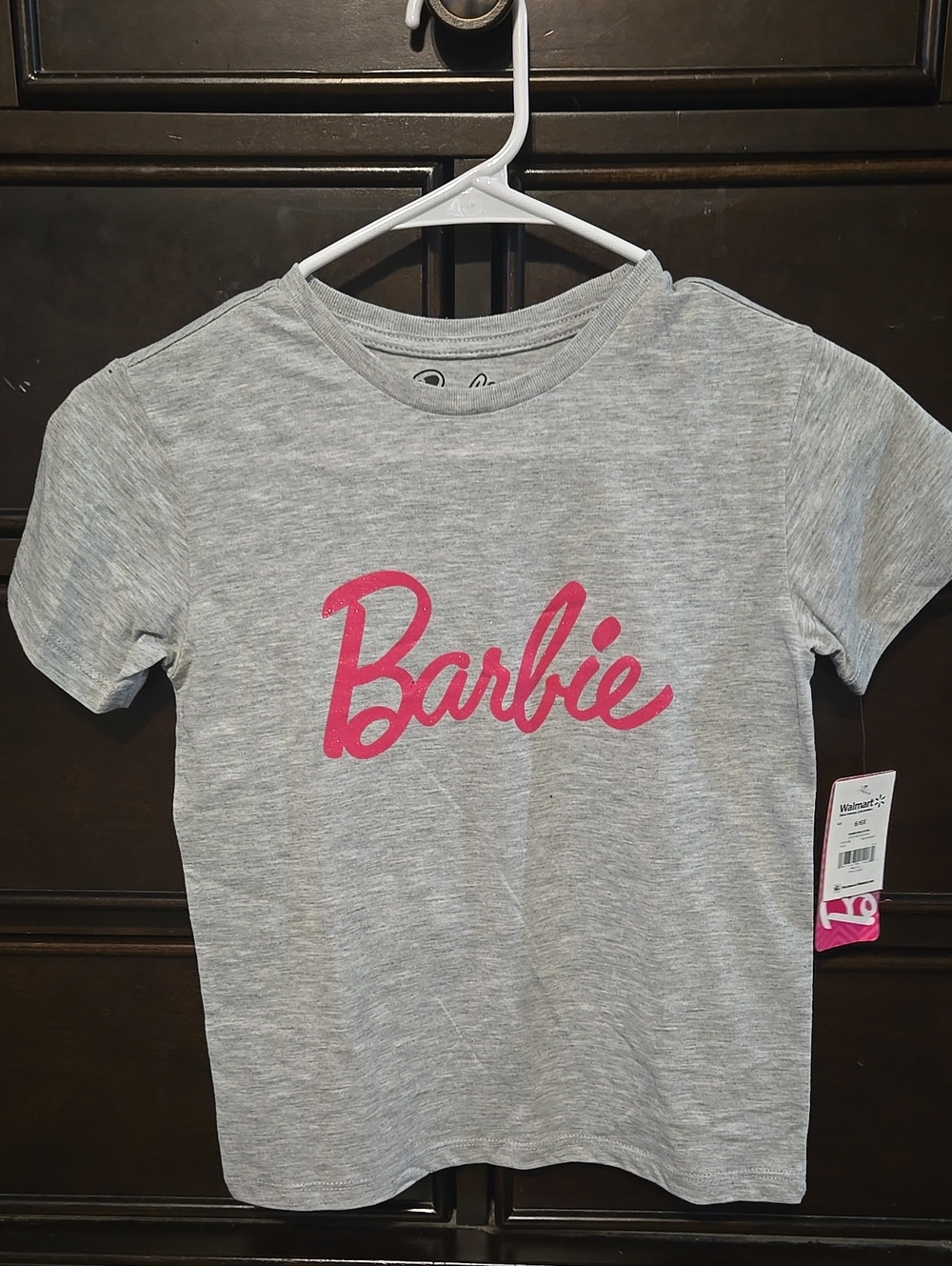 Girls 6/6x Barbie Gray Tee with Pink Logo